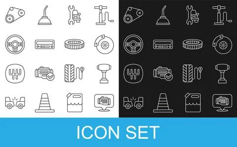Set line Check engine, Gear shifter, Car brake disk with caliper, service, audio Stock Illustration