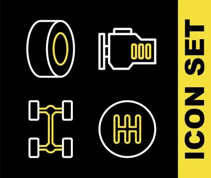 Set line Check engine, Gear shifter, Chassis car and Car tire icon. Vector Stock Illustration