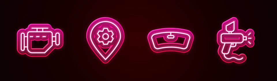 Set line Check engine, Location with car service, Windshield and Paint spray  Ilustración de archivo