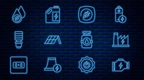 Set line Check engine, Nuclear power plant, Electric plug, Solar energy panel Stock Illustration