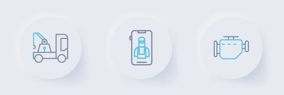 Set line Check engine, Online car services and Tow truck icon. Vector イラスト素材