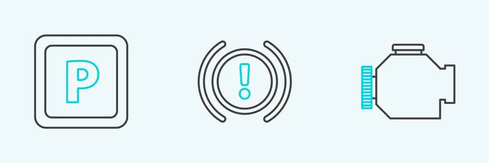 Set line Check engine, Parking and Brake system warning icon. Vector Stock Illustration
