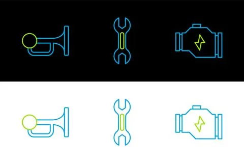 Set line Check engine, Signal horn on vehicle and Wrench spanner icon. Vector Stock Illustration