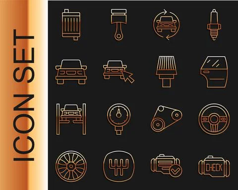 Set line Check engine, Steering wheel, Car door, service, Online car sharing Stock Illustration