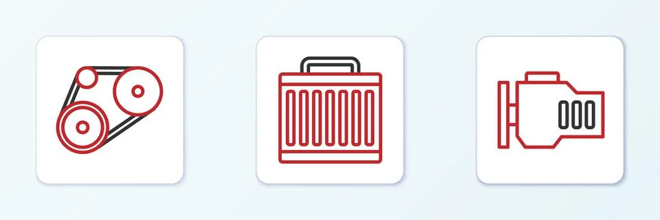 Set line Check engine, Timing belt kit and Car radiator cooling system icon.  Stock Illustration