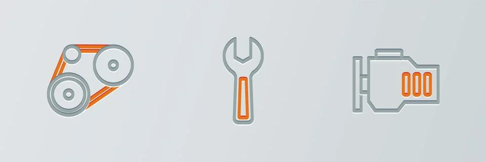 Set line Check engine, Timing belt kit and Wrench spanner icon. Vector Stock Illustration