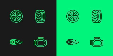 Set line Check engine, Wheel fire flame, Alloy wheel for car and Car tire ico 스톡 일러스트