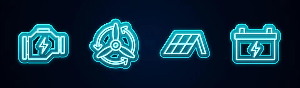 Set line Check engine, Wind turbine, Solar energy panel and Car battery. Gl.. イラスト素材