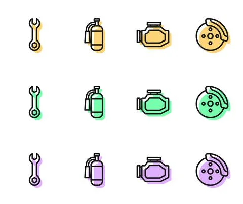 Set line Check engine, Wrench spanner, Fire extinguisher and Car brake disk with Stock Illustration