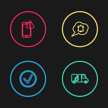 Set line Check mark in circle, Car service, Speech bubble chat notification and Stock Illustration