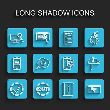 Set line Check mark in circle, Clock 24 hours, Computer monitor diagnostics Stock Illustration