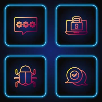 Set line Check mark in speech bubble, System bug, Password protection and Laptop Stock Illustration