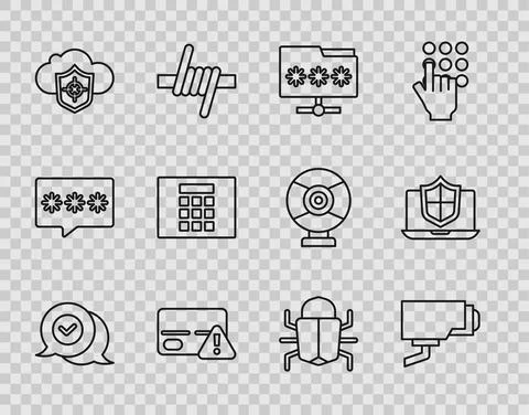 Set line Check mark in speech bubble, Security camera, Folder with password Stock Illustration