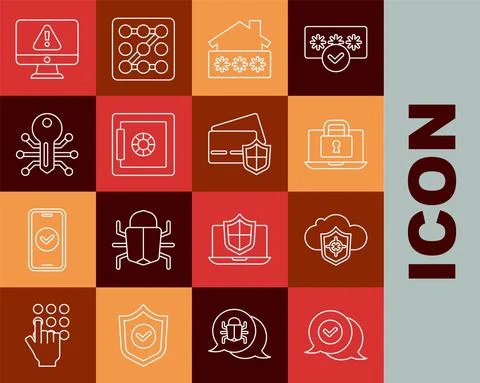 Set line Check mark in speech bubble, Cloud and shield, Laptop lock, House with Stock Illustration