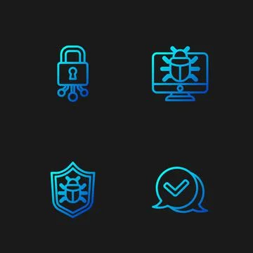 Set line Check mark in speech bubble, System bug, Cyber security and on monit Stock Illustration