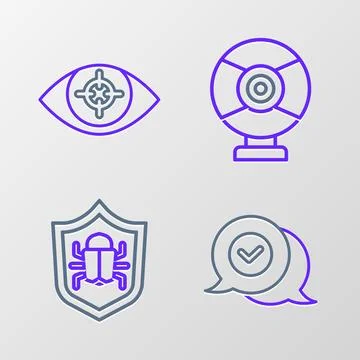 Set line Check mark in speech bubble, System bug, Security camera and Eye scan Stock Illustration