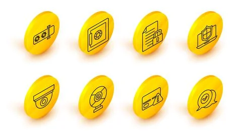 Set line Check mark in speech bubble, Credit card, Security camera, Laptop Stock Illustration