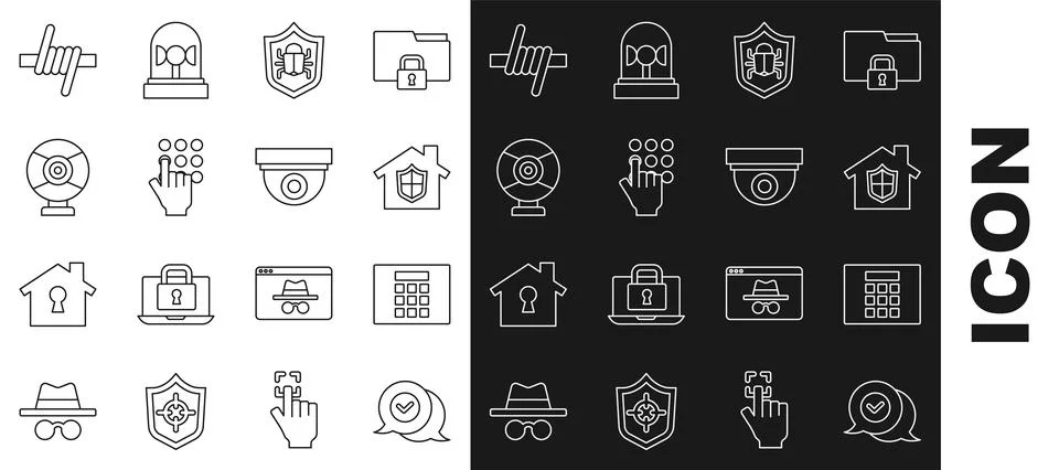 Set line Check mark in speech bubble, Password protection, House under, System Illustrazione stock