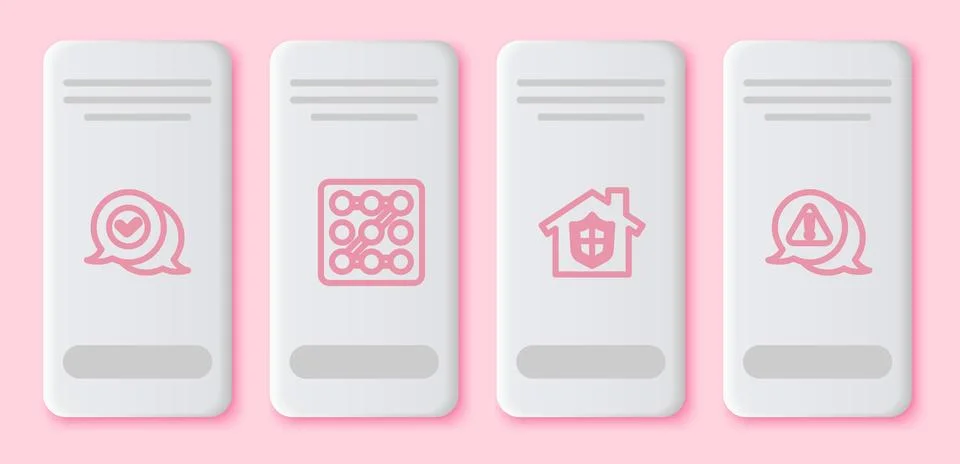 Set line Check mark in speech bubble, Graphic password protection, House un.. Illustrazione stock