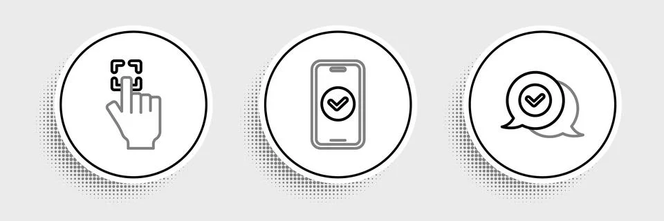 Set line Check mark in speech bubble, Fingerprint and Smartphone icon. Vector Stock Illustration