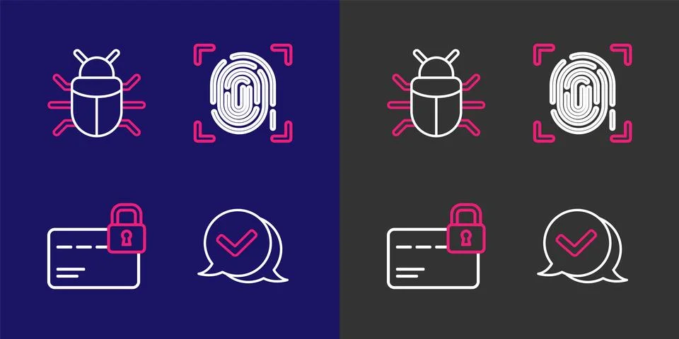 Set line Check mark in speech bubble, Credit card with lock, Fingerprint an.. 스톡 일러스트