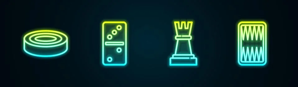 Set line Checker game chips, Domino, Chess and Backgammon board. Glowing neon Stock Illustration