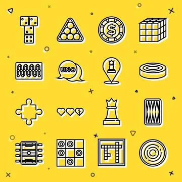 Set line Checker game chips, Backgammon board, Casino with dollar, Uno card Stock Illustration