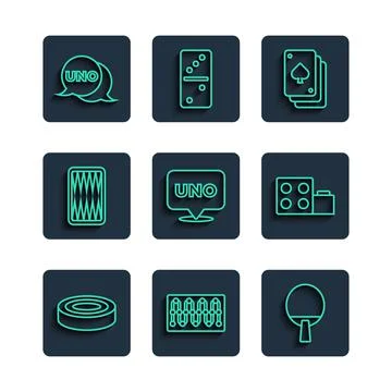 Set line Checker game chips, Board, Racket, Playing cards, Uno, Backgammon board Stock Illustration