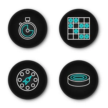 Set line Checker game chips, Twister, Board of checkers and Stopwatch icon... Stock Illustration
