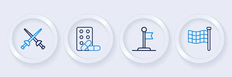 Set line Checkered flag, Flag, Sports doping with dumbbell and Fencing icon.. 스톡 일러스트