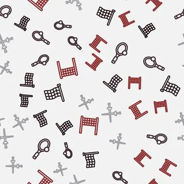 Set line Checkered flag, Tennis racket with ball, Fencing and Volleyball net on Stock Illustration