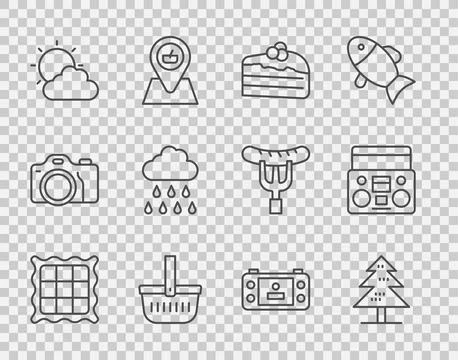 Set line Checkered napkin, Tree, Piece of cake, Picnic basket, Sun and clou.. Illustrazione stock
