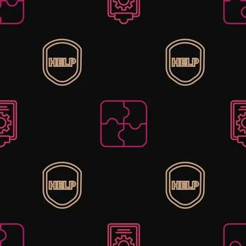 Set line Checklist with 24 hours service, Shield text Help and Piece of puzzle Stock Illustration