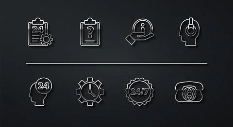 Set line Checklist with 24 hours service, Support operator in touch, Clock, Time Stock Illustration