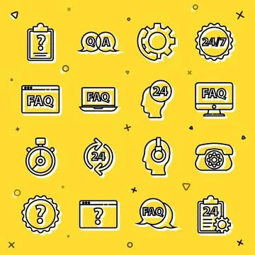 Set line Checklist with 24 hours service, Telephone, Computer monitor and FAQ Illustrazione stock