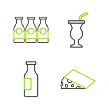 Set line Cheese, Bottle with milk, Milkshake and  icon. Vector Stock Illustration