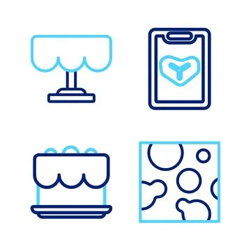 Set line Cheese, Cake, Restaurant cafe menu and Wooden table icon. Vector Stock Illustration