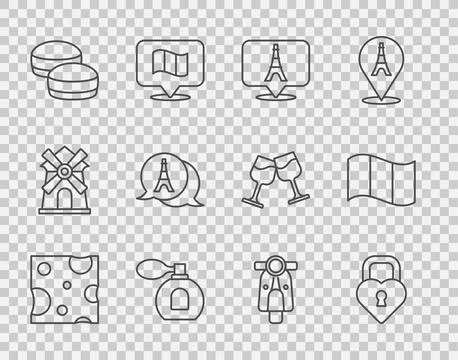 Set line Cheese, Castle in the shape of heart, Eiffel tower, Perfume, Macaron Stock Illustration