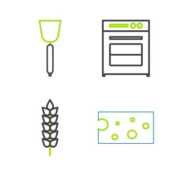 Set line Cheese, Cereals with rice, wheat, corn, oats, rye, Oven and Spatula  Stock Illustration