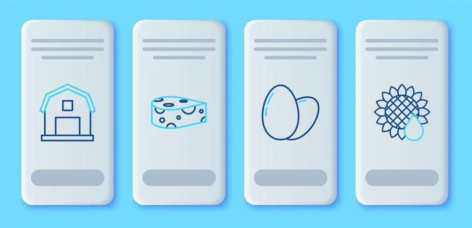 Set line Cheese, Chicken egg, Farm House concept and Sunflower icon. Vector Stock Illustration