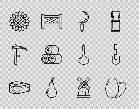 Set line Cheese, Chicken egg, Sickle, Pear, Sunflower, Roll of hay, Windmil.. Stock Illustration