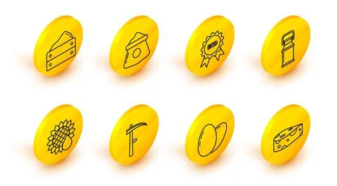 Set line Cheese, Chicken egg, Scythe, Sunflower, Can container for milk, Ba.. Stock Illustration