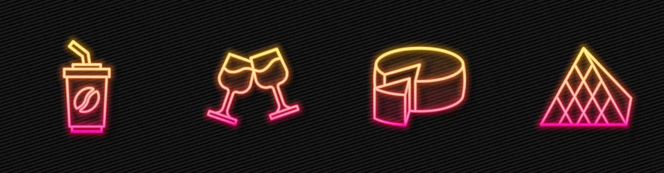Set line Cheese, Coffee cup to go, Wine glass and Louvre pyramid. Glowing neon 库存插图