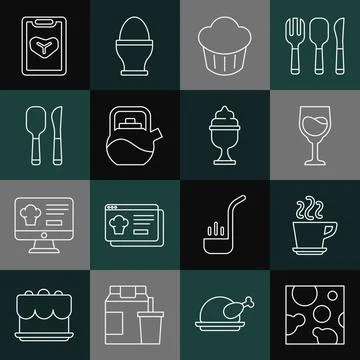 Set line Cheese, Coffee cup, Wine glass, Cupcake, Kettle with handle, Knife Illustration