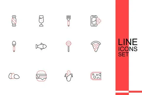 Set line Cheese, Corn, Burger, Chicken egg, Slice of pizza, Lollipop, Fish .. Stock Illustration