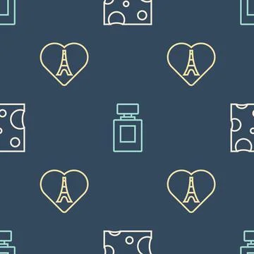 Set line Cheese, Eiffel tower with heart and Perfume on seamless pattern. Vector Stock Illustration
