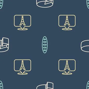 Set line Cheese, Eiffel tower and French baguette bread on seamless pattern Stock Illustration
