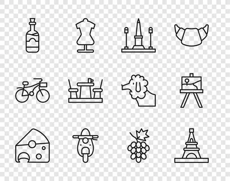 Set line Cheese, Eiffel tower, Place De La Concorde, Scooter, Bottles of wine Stock Illustration