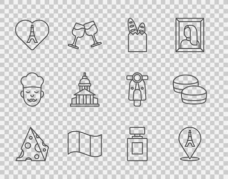 Set line Cheese Eiffel tower French baguette bread Flag France with heart Mus Stock Illustration