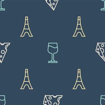 Set line Cheese, Eiffel tower and Wine glass on seamless pattern. Vector Stock Illustration